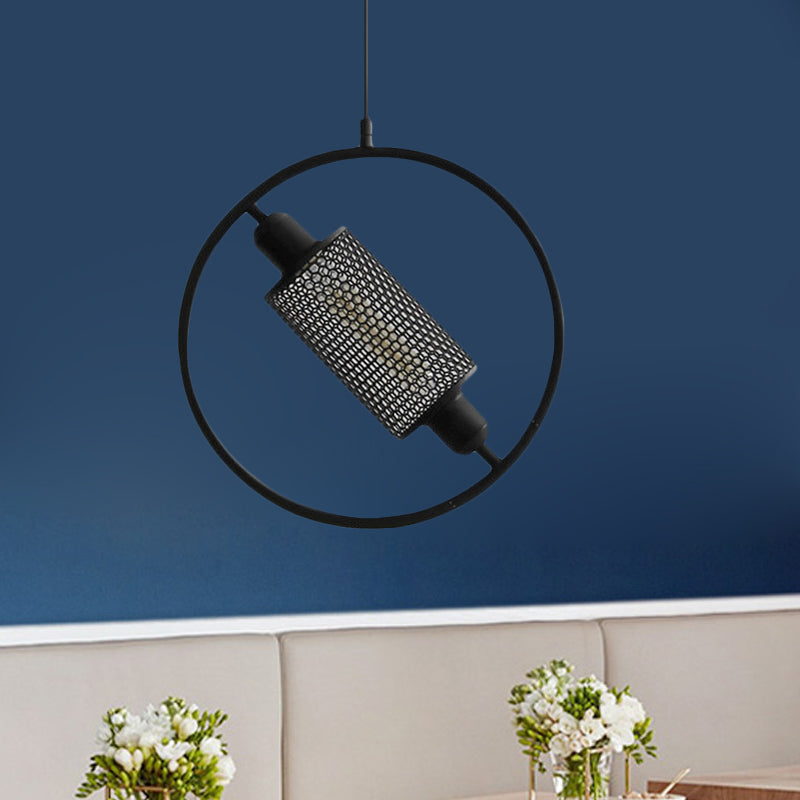 1 Bulb Hanging Ceiling Light Colonial Cylinder Metal Mesh Pendant Lamp with Ring in Black/Gold, 14
