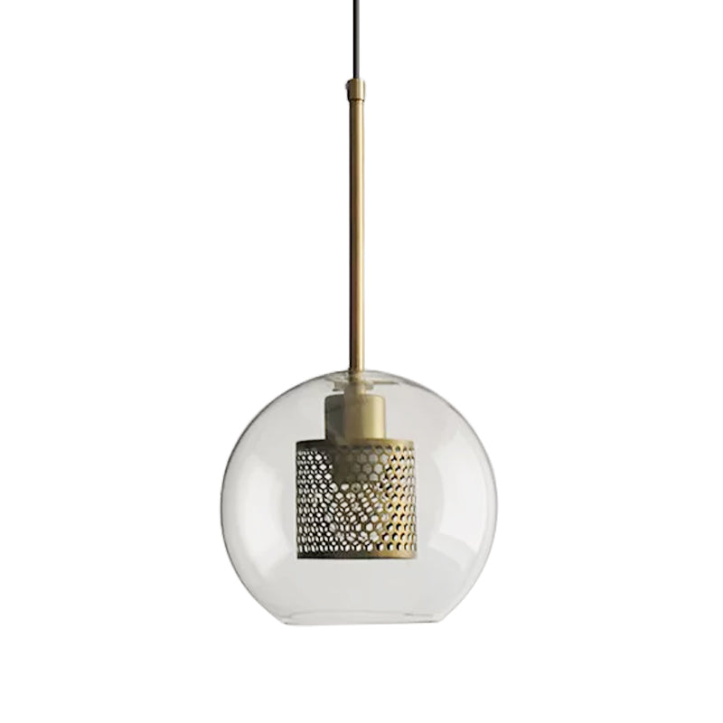 Cylindrical Bedroom Suspension Light Colonial Metal Mesh 1 Bulb Bronze/Silver Gray Pendant with Clear Glass Shade, 8