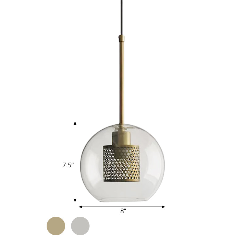 Cylindrical Bedroom Suspension Light Colonial Metal Mesh 1 Bulb Bronze/Silver Gray Pendant with Clear Glass Shade, 8