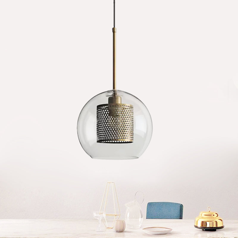 Cylindrical Bedroom Suspension Light Colonial Metal Mesh 1 Bulb Bronze/Silver Gray Pendant with Clear Glass Shade, 8