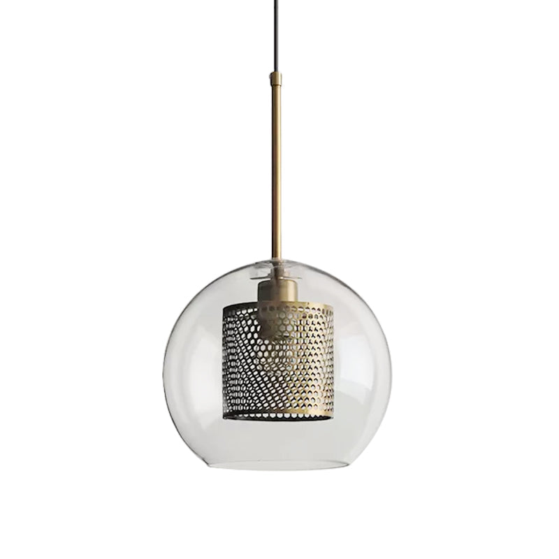 Cylindrical Bedroom Suspension Light Colonial Metal Mesh 1 Bulb Bronze/Silver Gray Pendant with Clear Glass Shade, 8