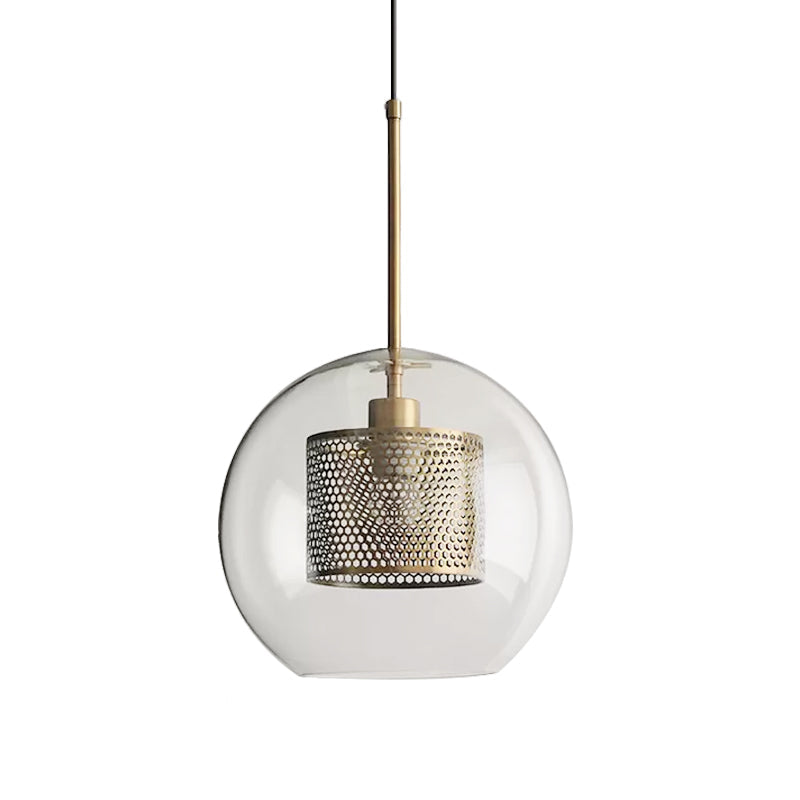 Cylindrical Bedroom Suspension Light Colonial Metal Mesh 1 Bulb Bronze/Silver Gray Pendant with Clear Glass Shade, 8