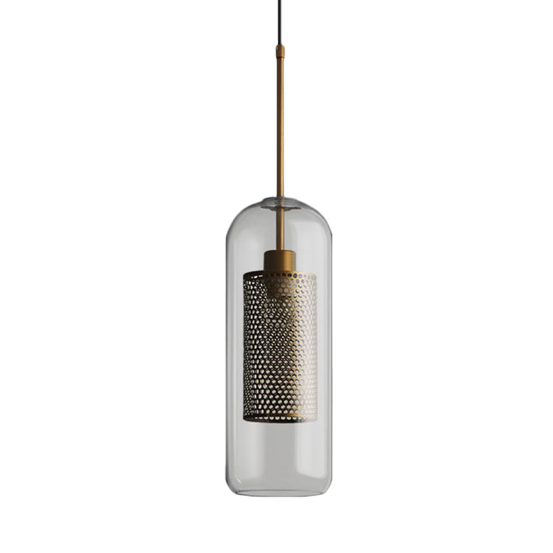 Bronze 1-Head Hanging Lamp Colonial Metal Mesh Cylindrical Pendant with Clear Glass Shade, 20.5