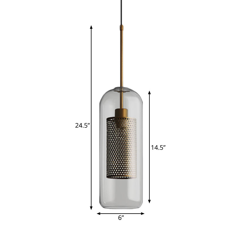 Bronze 1-Head Hanging Lamp Colonial Metal Mesh Cylindrical Pendant with Clear Glass Shade, 20.5