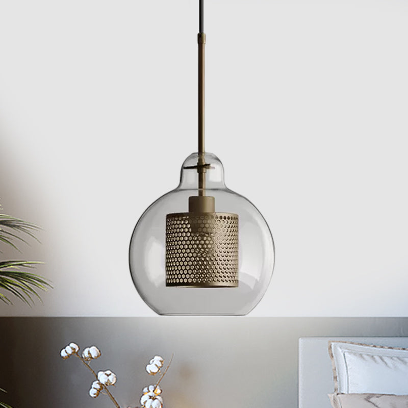 Clear Glass Globe Pendant Colonialism 1 Head Restaurant Down Lighting in Bronze/Silver Gray with Cylinder Metal Mesh, 10