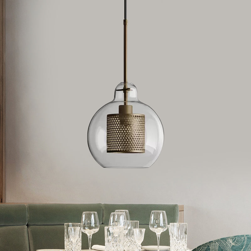 Clear Glass Globe Pendant Colonialism 1 Head Restaurant Down Lighting in Bronze/Silver Gray with Cylinder Metal Mesh, 10