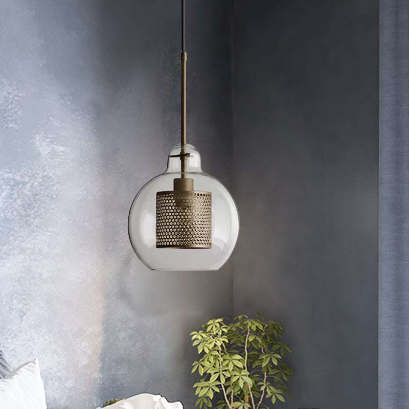 Clear Glass Globe Pendant Colonialism 1 Head Restaurant Down Lighting in Bronze/Silver Gray with Cylinder Metal Mesh, 10