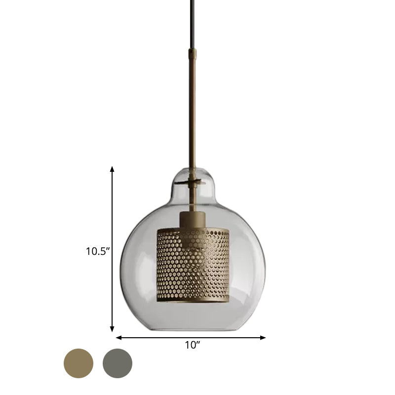 Clear Glass Globe Pendant Colonialism 1 Head Restaurant Down Lighting in Bronze/Silver Gray with Cylinder Metal Mesh, 10