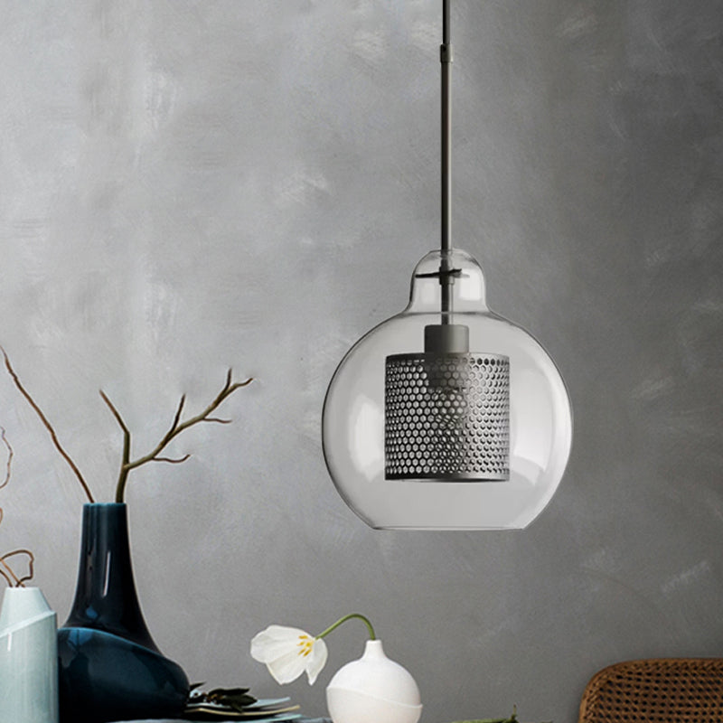 Clear Glass Globe Pendant Colonialism 1 Head Restaurant Down Lighting in Bronze/Silver Gray with Cylinder Metal Mesh, 10