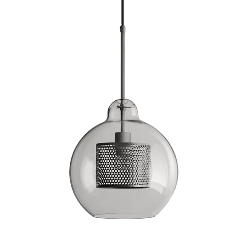 Clear Glass Globe Pendant Colonialism 1 Head Restaurant Down Lighting in Bronze/Silver Gray with Cylinder Metal Mesh, 10