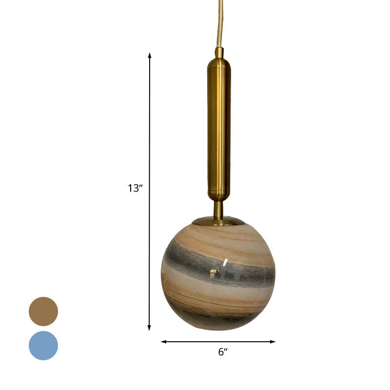 1-Bulb Bedroom Drop Lamp Modern Brass Pendant Lighting Fixture with Ball Tan/Blue Glass Shade Clearhalo 'Ceiling Lights' 'Glass shade' 'Glass' 'Pendant Lights' 'Pendants' Lighting' 1473149