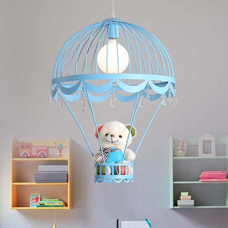 Hot Air Balloon Ceiling Light Kids Iron 1 Light Pink/Blue Hanging Pendant Lamp with Bear Decoration Clearhalo 'Ceiling Lights' 'Pendant Lights' 'Pendants' Lighting' 1473234