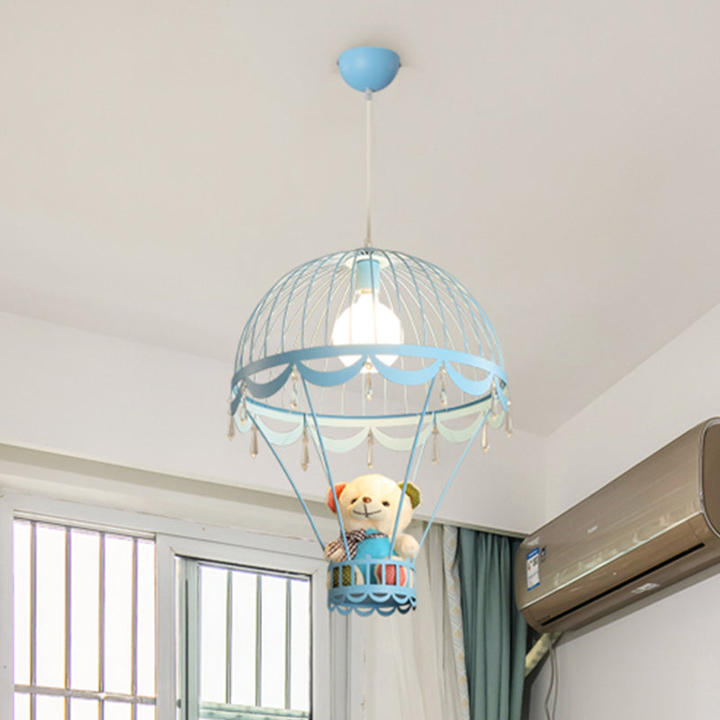 Hot Air Balloon Ceiling Light Kids Iron 1 Light Pink/Blue Hanging Pendant Lamp with Bear Decoration Clearhalo 'Ceiling Lights' 'Pendant Lights' 'Pendants' Lighting' 1473235