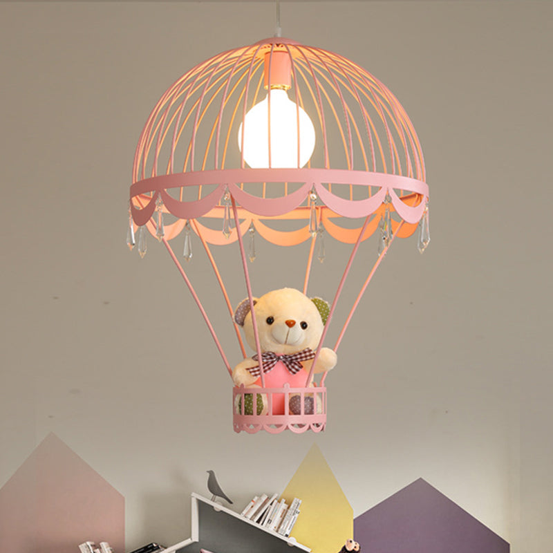 Hot Air Balloon Ceiling Light Kids Iron 1 Light Pink/Blue Hanging Pendant Lamp with Bear Decoration Clearhalo 'Ceiling Lights' 'Pendant Lights' 'Pendants' Lighting' 1473239