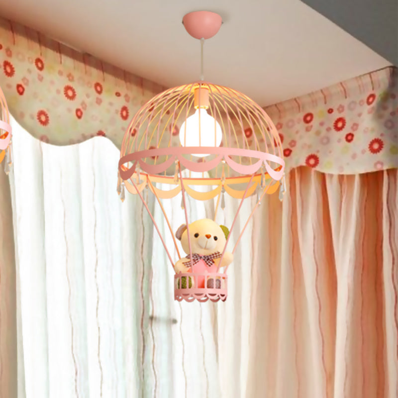 Hot Air Balloon Ceiling Light Kids Iron 1 Light Pink/Blue Hanging Pendant Lamp with Bear Decoration Clearhalo 'Ceiling Lights' 'Pendant Lights' 'Pendants' Lighting' 1473240