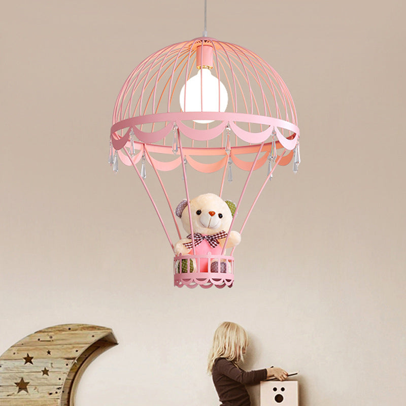 Hot Air Balloon Ceiling Light Kids Iron 1 Light Pink/Blue Hanging Pendant Lamp with Bear Decoration Clearhalo 'Ceiling Lights' 'Pendant Lights' 'Pendants' Lighting' 1473241