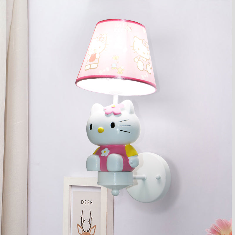 Cute Kitty Girl's Room Wall Lighting Resin Single Cartoon Sconce Fixture in Pink with Tapered Fabric Shade Pink Clearhalo 'Wall Lamps & Sconces' 'Wall Lights' Lighting' 1473243