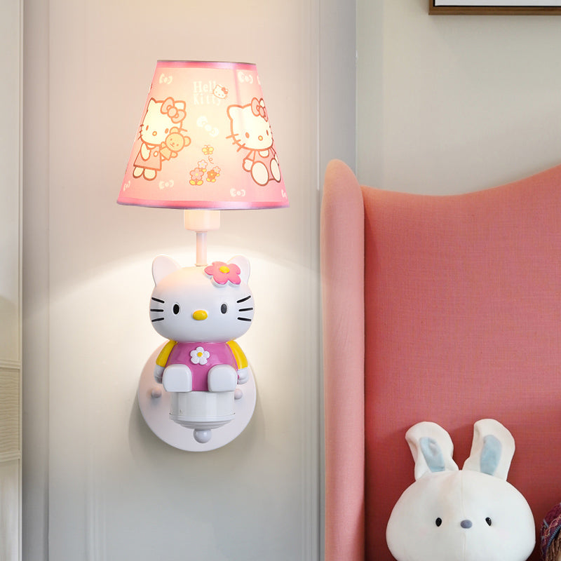 Cute Kitty Girl's Room Wall Lighting Resin Single Cartoon Sconce Fixture in Pink with Tapered Fabric Shade Clearhalo 'Wall Lamps & Sconces' 'Wall Lights' Lighting' 1473244