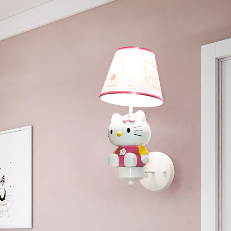 Cute Kitty Girl's Room Wall Lighting Resin Single Cartoon Sconce Fixture in Pink with Tapered Fabric Shade Clearhalo 'Wall Lamps & Sconces' 'Wall Lights' Lighting' 1473245