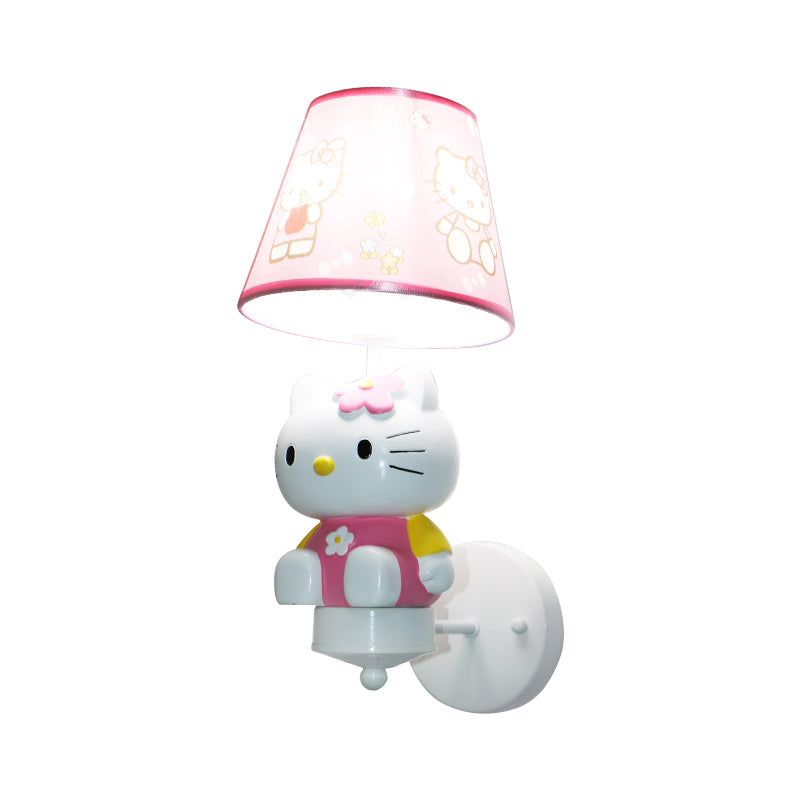 Cute Kitty Girl's Room Wall Lighting Resin Single Cartoon Sconce Fixture in Pink with Tapered Fabric Shade Clearhalo 'Wall Lamps & Sconces' 'Wall Lights' Lighting' 1473246