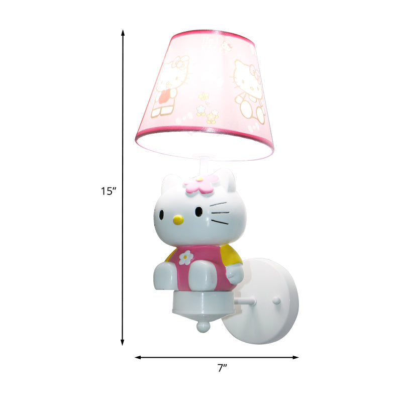 Cute Kitty Girl's Room Wall Lighting Resin Single Cartoon Sconce Fixture in Pink with Tapered Fabric Shade Clearhalo 'Wall Lamps & Sconces' 'Wall Lights' Lighting' 1473247