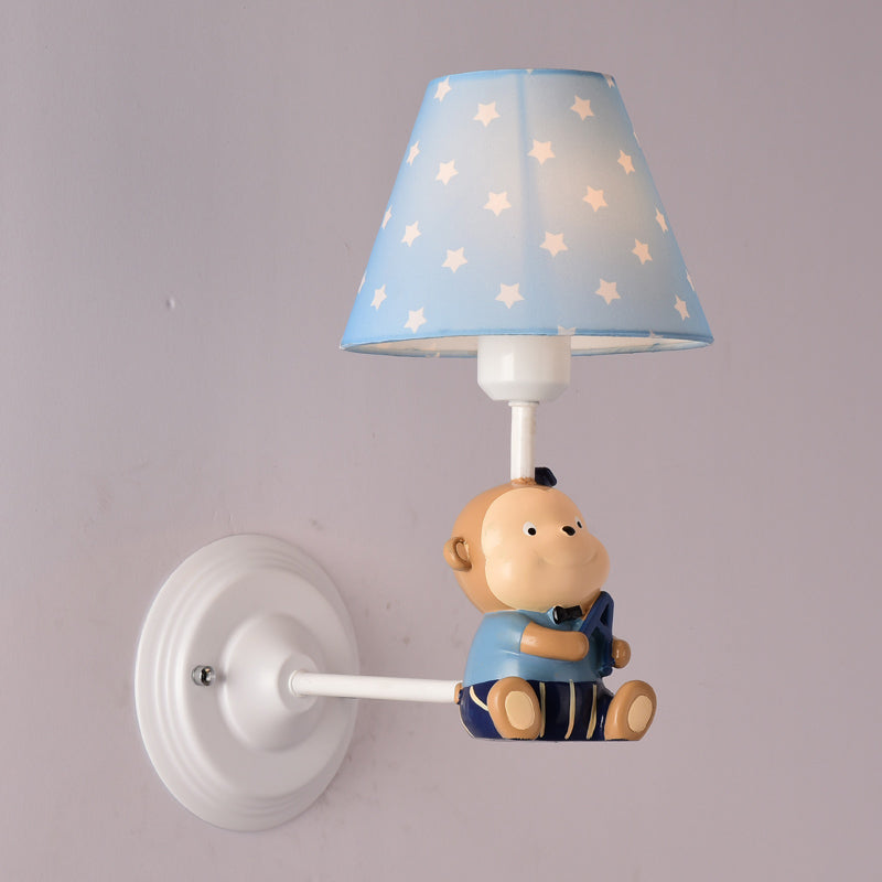 Cone Kids Bedside Wall Mounted Light Fabric 1 Light Cartoon Sconce Ideas in Blue/Red with Little Bear Decor Clearhalo 'Wall Lamps & Sconces' 'Wall Lights' Lighting' 1473248