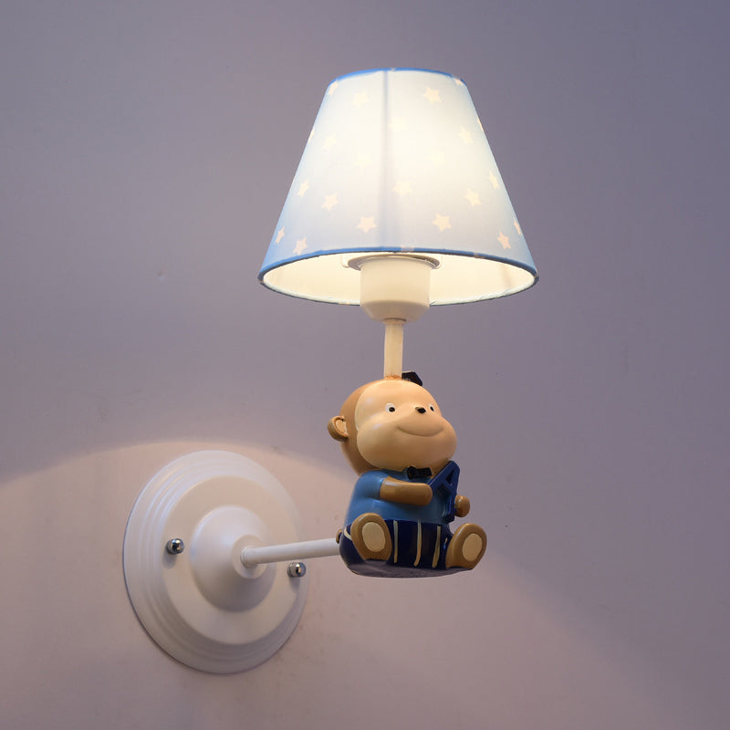 Cone Kids Bedside Wall Mounted Light Fabric 1 Light Cartoon Sconce Ideas in Blue/Red with Little Bear Decor Clearhalo 'Wall Lamps & Sconces' 'Wall Lights' Lighting' 1473250