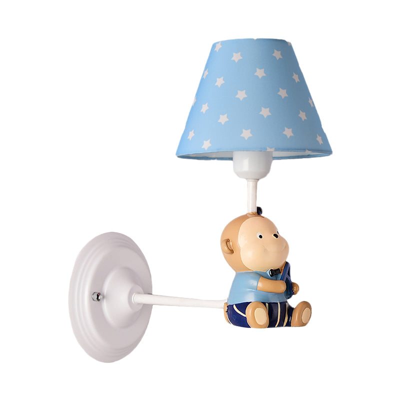 Cone Kids Bedside Wall Mounted Light Fabric 1 Light Cartoon Sconce Ideas in Blue/Red with Little Bear Decor Clearhalo 'Wall Lamps & Sconces' 'Wall Lights' Lighting' 1473251