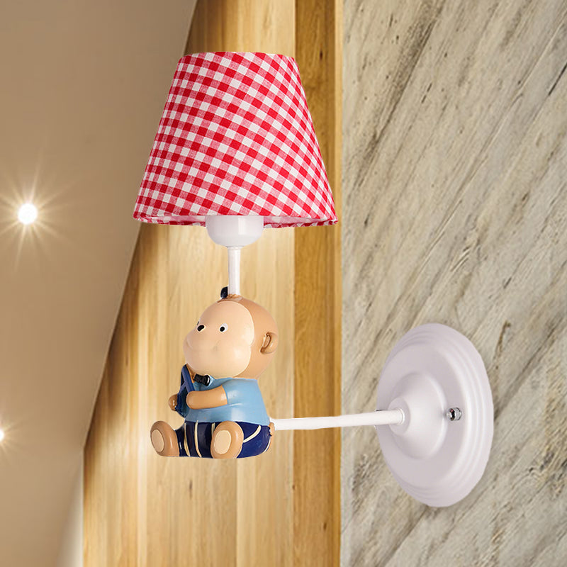 Cone Kids Bedside Wall Mounted Light Fabric 1 Light Cartoon Sconce Ideas in Blue/Red with Little Bear Decor Clearhalo 'Wall Lamps & Sconces' 'Wall Lights' Lighting' 1473255