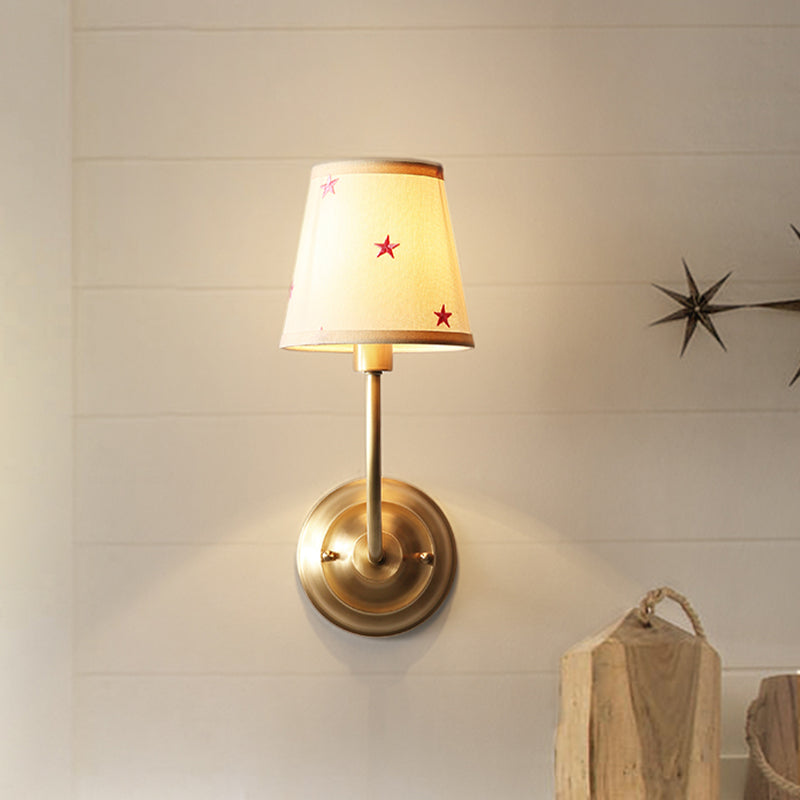 Conical Star Patterned Fabric Sconce Kids 1 Bulb White Wall Light Kit with Brass Curvy Arm Clearhalo 'Wall Lamps & Sconces' 'Wall Lights' Lighting' 1473269