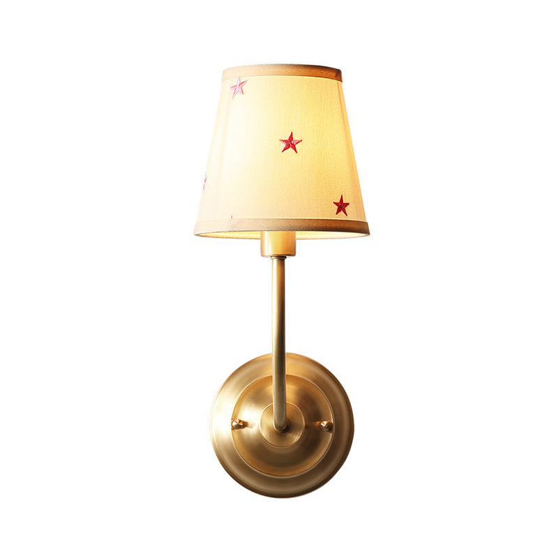 Conical Star Patterned Fabric Sconce Kids 1 Bulb White Wall Light Kit with Brass Curvy Arm Clearhalo 'Wall Lamps & Sconces' 'Wall Lights' Lighting' 1473271