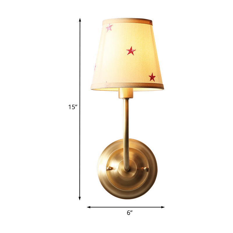 Conical Star Patterned Fabric Sconce Kids 1 Bulb White Wall Light Kit with Brass Curvy Arm Clearhalo 'Wall Lamps & Sconces' 'Wall Lights' Lighting' 1473272