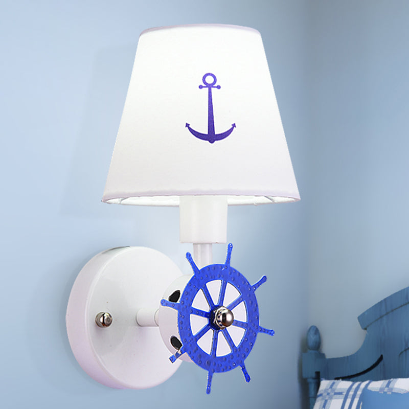 Wheel Rudder Wall Light Sconce Coastal Metallic 1 Bulb White-Blue Wall Mounted Fixture with Fabric Shade White-Blue Clearhalo 'Wall Lamps & Sconces' 'Wall Lights' Lighting' 1473278