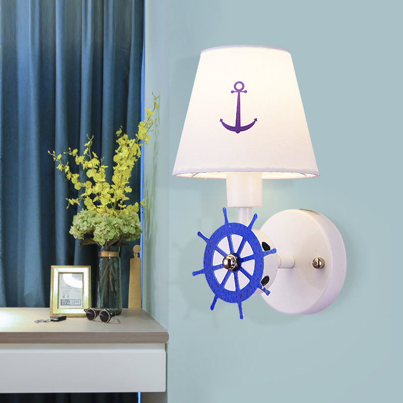 Wheel Rudder Wall Light Sconce Coastal Metallic 1 Bulb White-Blue Wall Mounted Fixture with Fabric Shade Clearhalo 'Wall Lamps & Sconces' 'Wall Lights' Lighting' 1473279