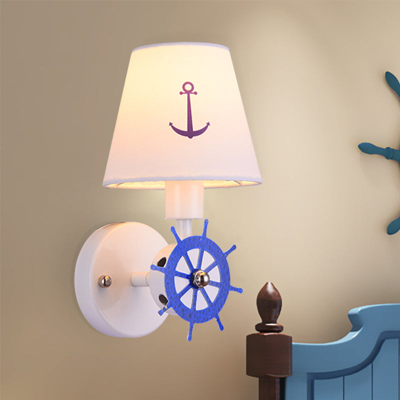 Wheel Rudder Wall Light Sconce Coastal Metallic 1 Bulb White-Blue Wall Mounted Fixture with Fabric Shade Clearhalo 'Wall Lamps & Sconces' 'Wall Lights' Lighting' 1473280