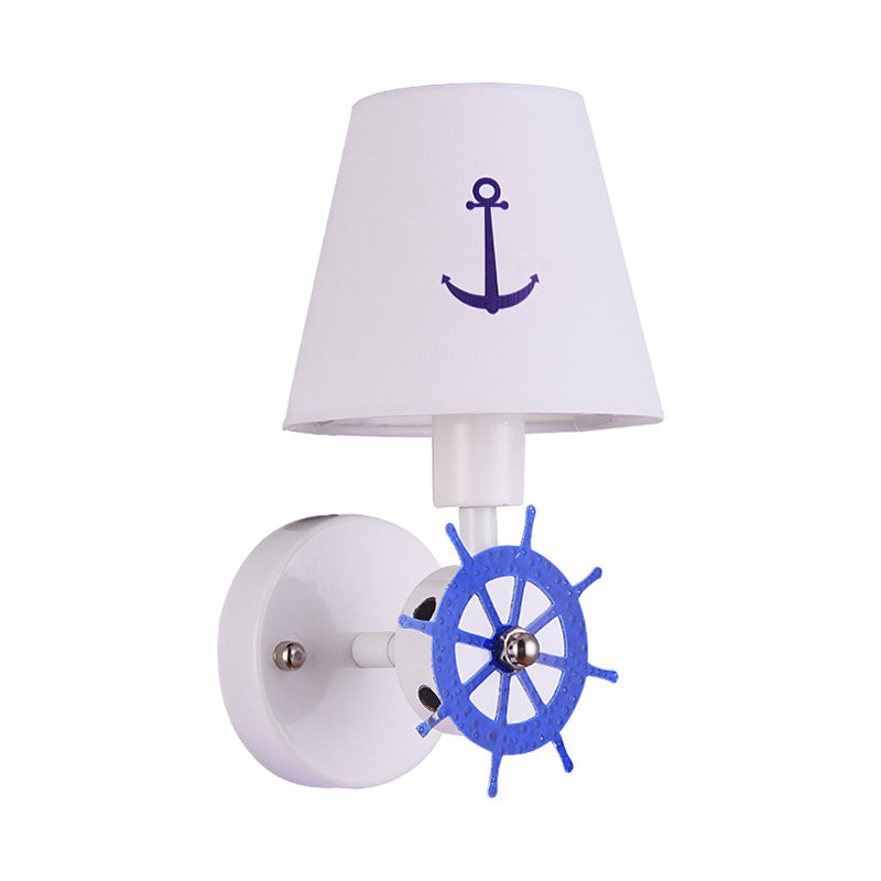 Wheel Rudder Wall Light Sconce Coastal Metallic 1 Bulb White-Blue Wall Mounted Fixture with Fabric Shade Clearhalo 'Wall Lamps & Sconces' 'Wall Lights' Lighting' 1473281