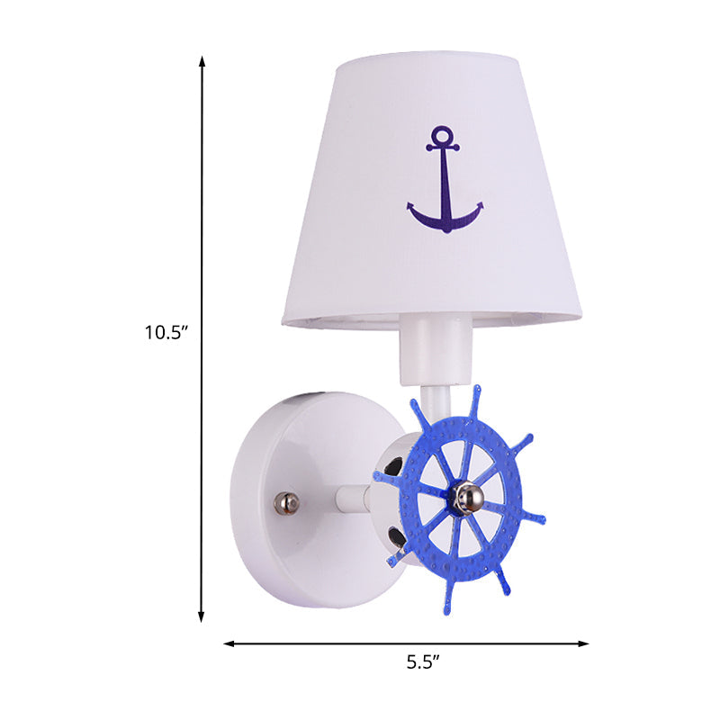 Wheel Rudder Wall Light Sconce Coastal Metallic 1 Bulb White-Blue Wall Mounted Fixture with Fabric Shade Clearhalo 'Wall Lamps & Sconces' 'Wall Lights' Lighting' 1473282