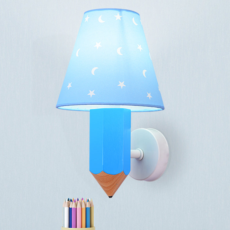 Kids Pencil Wooden Wall Light Fixture Single-Bulb Sconce Ideas with Conic Lamp Shade in Blue Blue Clearhalo 'Wall Lamps & Sconces' 'Wall Lights' Lighting' 1473283