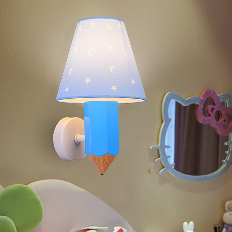 Kids Pencil Wooden Wall Light Fixture Single-Bulb Sconce Ideas with Conic Lamp Shade in Blue Clearhalo 'Wall Lamps & Sconces' 'Wall Lights' Lighting' 1473284