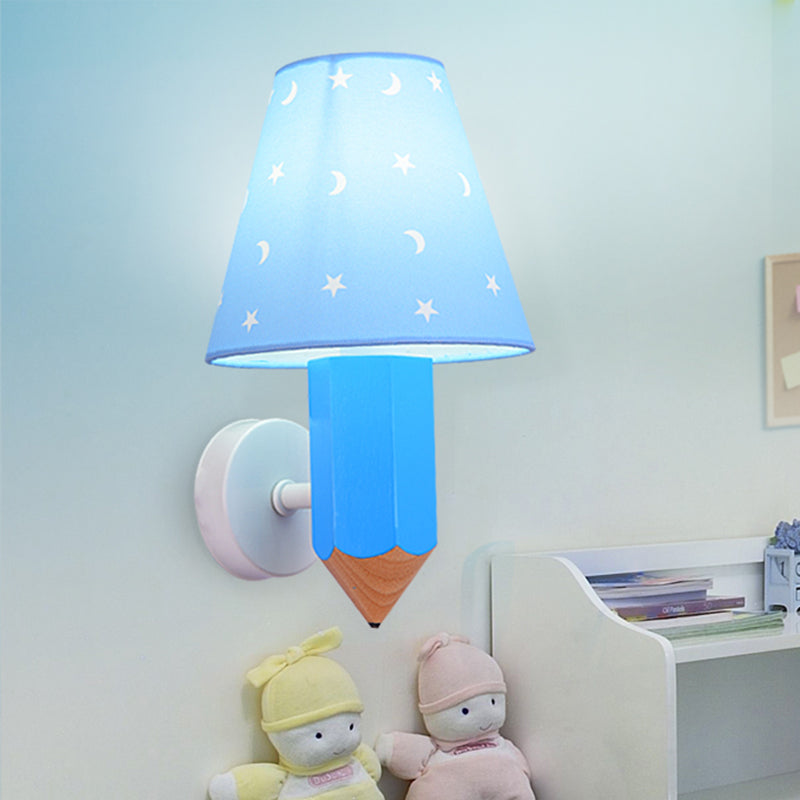 Kids Pencil Wooden Wall Light Fixture Single-Bulb Sconce Ideas with Conic Lamp Shade in Blue Clearhalo 'Wall Lamps & Sconces' 'Wall Lights' Lighting' 1473285