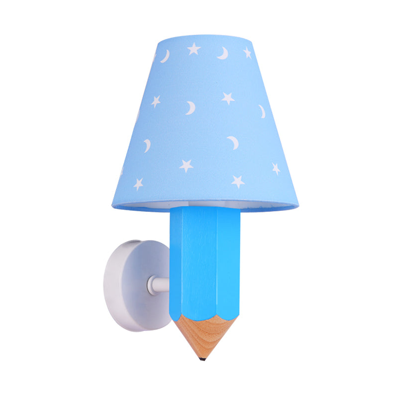 Kids Pencil Wooden Wall Light Fixture Single-Bulb Sconce Ideas with Conic Lamp Shade in Blue Clearhalo 'Wall Lamps & Sconces' 'Wall Lights' Lighting' 1473286