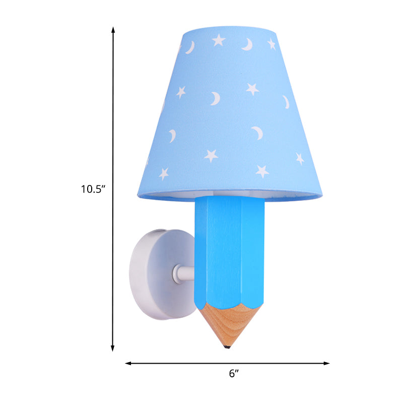 Kids Pencil Wooden Wall Light Fixture Single-Bulb Sconce Ideas with Conic Lamp Shade in Blue Clearhalo 'Wall Lamps & Sconces' 'Wall Lights' Lighting' 1473287