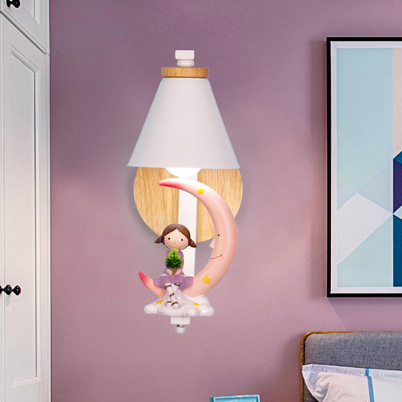 Tapered Iron Wall Mount Lamp Cartoon 1 Light Pink/Blue and Wood Sconce Light with Moon/Portrait Decor Clearhalo 'Wall Lamps & Sconces' 'Wall Lights' Lighting' 1473295