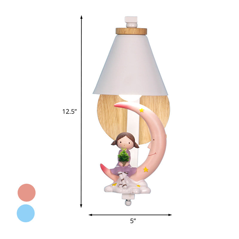 Tapered Iron Wall Mount Lamp Cartoon 1 Light Pink/Blue and Wood Sconce Light with Moon/Portrait Decor Clearhalo 'Wall Lamps & Sconces' 'Wall Lights' Lighting' 1473297