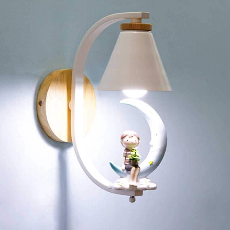 Tapered Iron Wall Mount Lamp Cartoon 1 Light Pink/Blue and Wood Sconce Light with Moon/Portrait Decor Clearhalo 'Wall Lamps & Sconces' 'Wall Lights' Lighting' 1473302