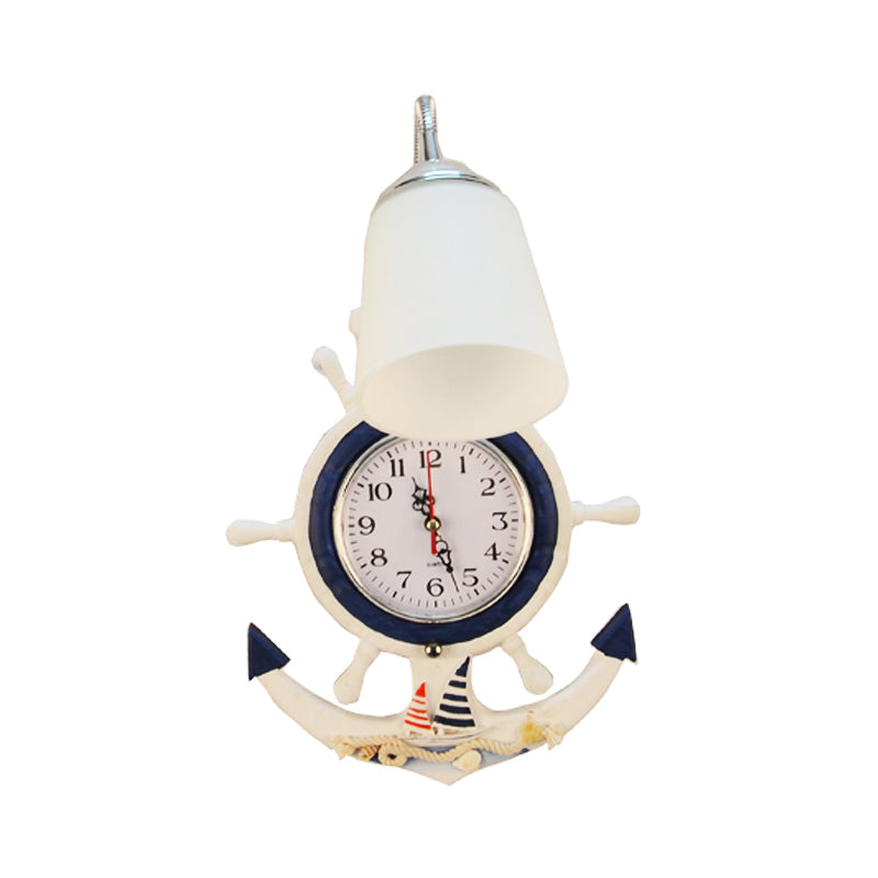 Kids 1 Bulb Sconce Lighting Wood White-Blue Flexible Gooseneck Wall Light with Glass Shade and Clock-Rudder Decoration Clearhalo 'Wall Lamps & Sconces' 'Wall Lights' Lighting' 1473322