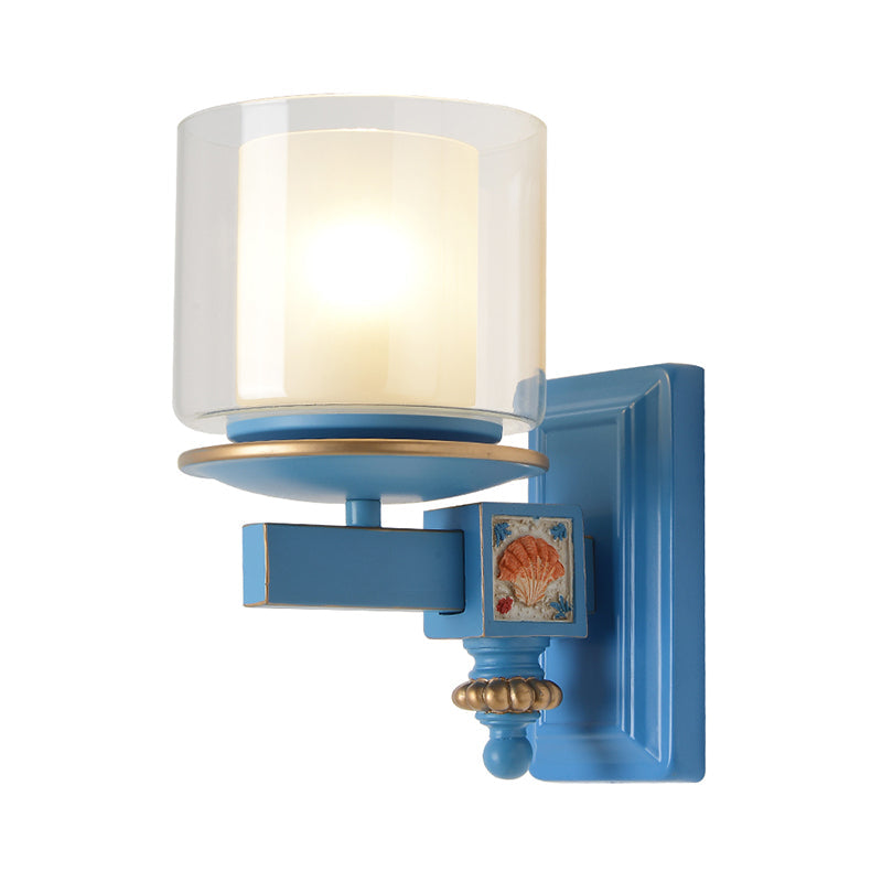 Kids 2 Shades Cup Wall Lamp Kit Clear and Frosted Glass 1 Head Child Room Sconce Fixture with Sky/Water Blue Arm Clearhalo 'Wall Lamps & Sconces' 'Wall Lights' Lighting' 1473327