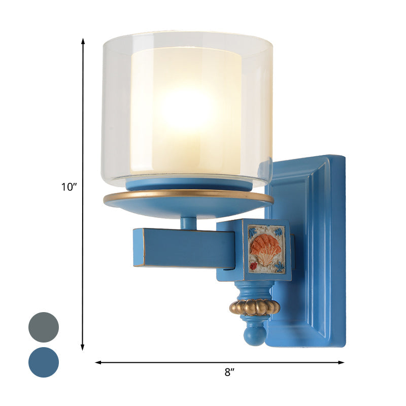 Kids 2 Shades Cup Wall Lamp Kit Clear and Frosted Glass 1 Head Child Room Sconce Fixture with Sky/Water Blue Arm Clearhalo 'Wall Lamps & Sconces' 'Wall Lights' Lighting' 1473328