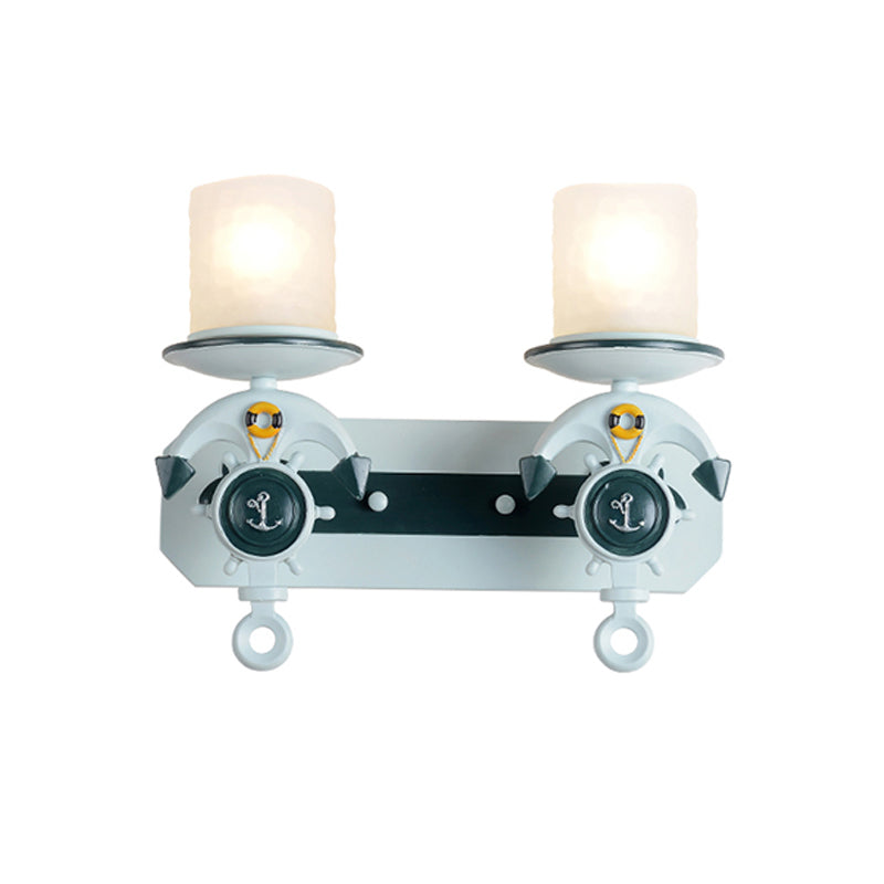 Opal Glass Cylinder Sconce Fixture Kids 1/2-Bulb Water Blue Wall Mounted Lamp with Anchor Shaped Arm Clearhalo 'Wall Lamps & Sconces' 'Wall Lights' Lighting' 1473336