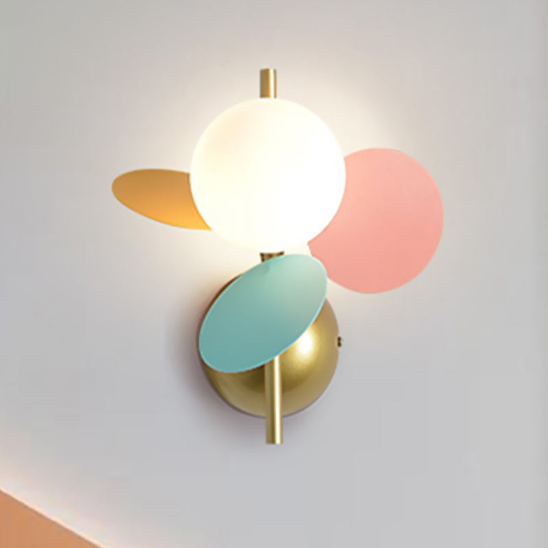 Leaf Bedside Wall Lighting Ideas Iron 1 Light Macaron Style Sconce in White/Red-Yellow-Blue with Ball Cream Glass Shade Clearhalo 'Wall Lamps & Sconces' 'Wall Lights' Lighting' 1473343